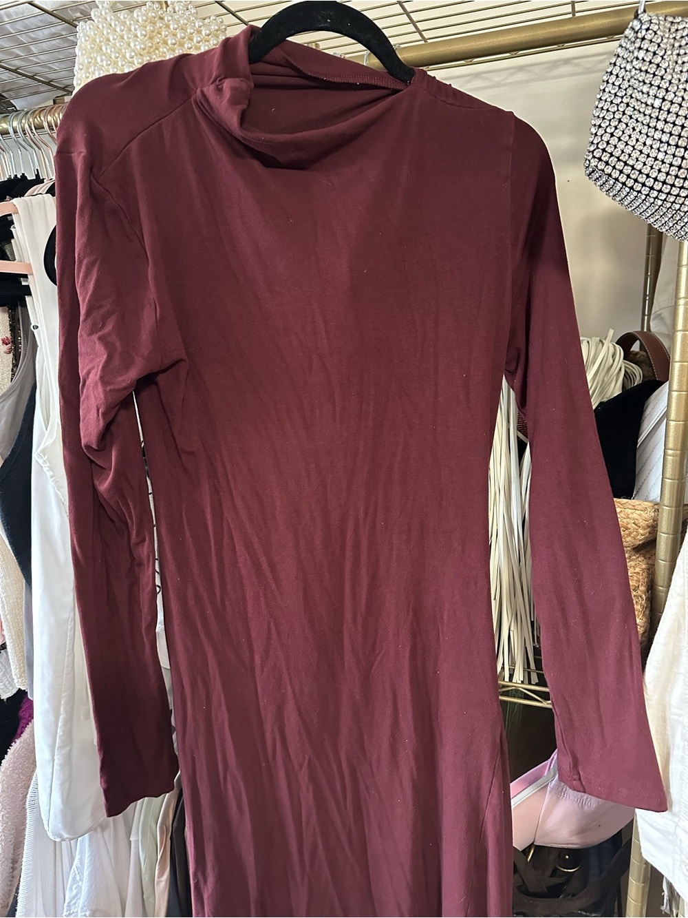 Commense Asymmetrical Neck Long Sleeve Ruched Maxi Dress in Burgundy Brown - Picture 5 of 7